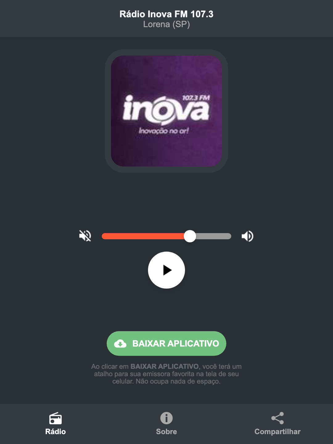 Screenshot do aplicativo da Rádio Inova FM 107.3