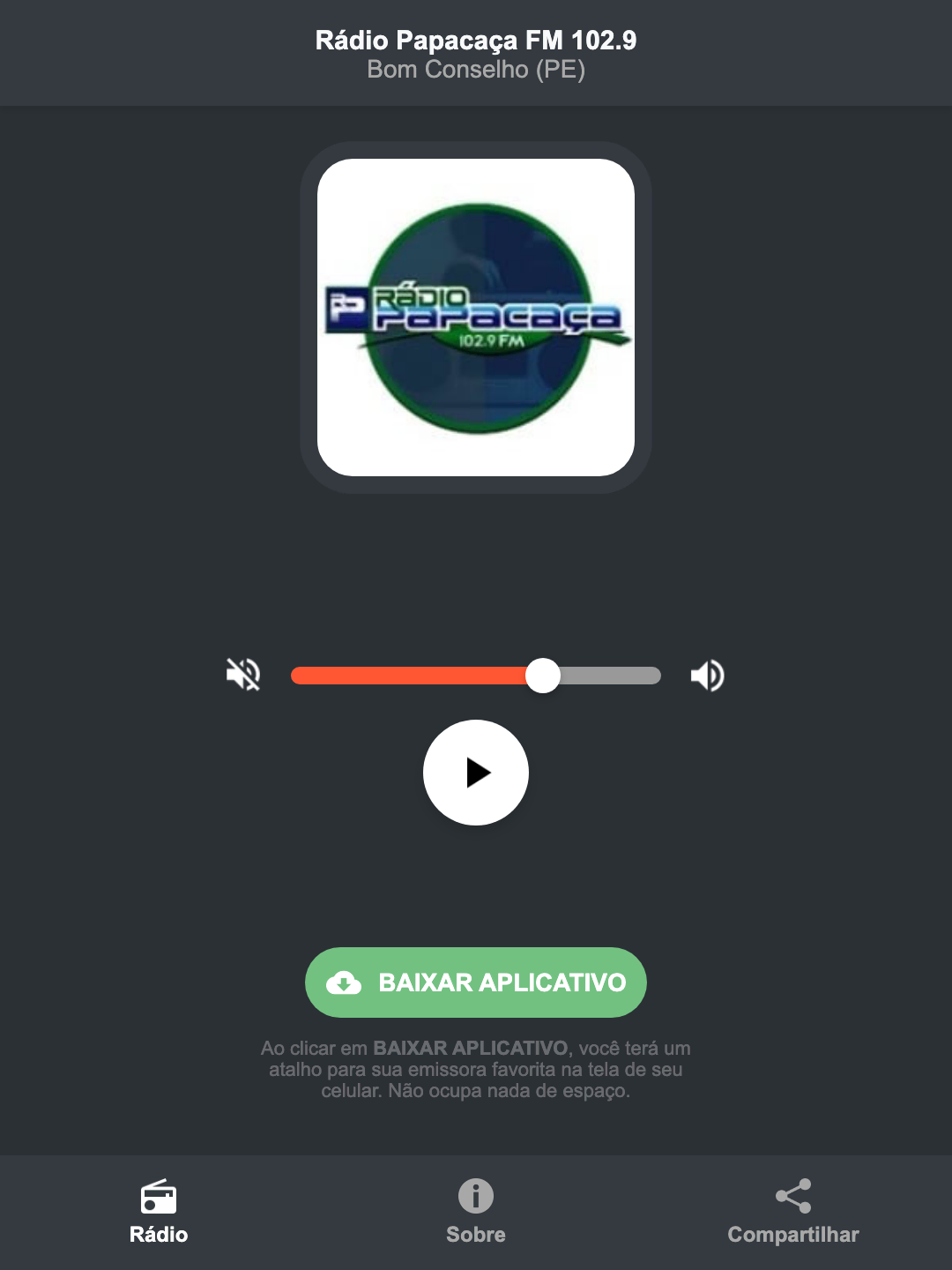 Screenshot do aplicativo da Rádio Papacaça FM 102.9