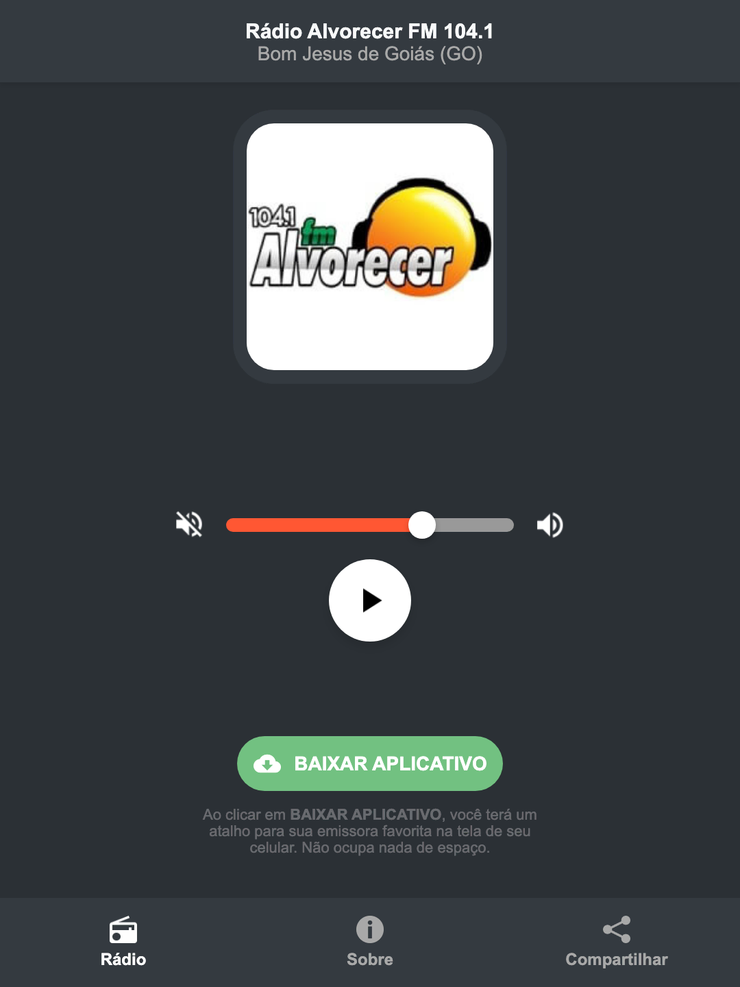 Screenshot do aplicativo da Rádio Alvorecer FM 104.1