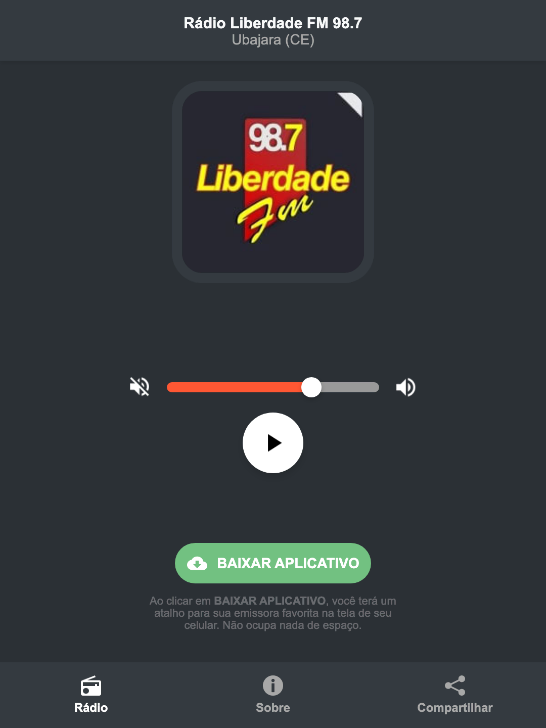 Screenshot do aplicativo da Rádio Liberdade FM 98.7