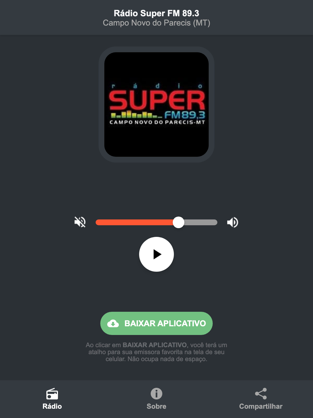 Screenshot do aplicativo da Rádio Super FM 89.3