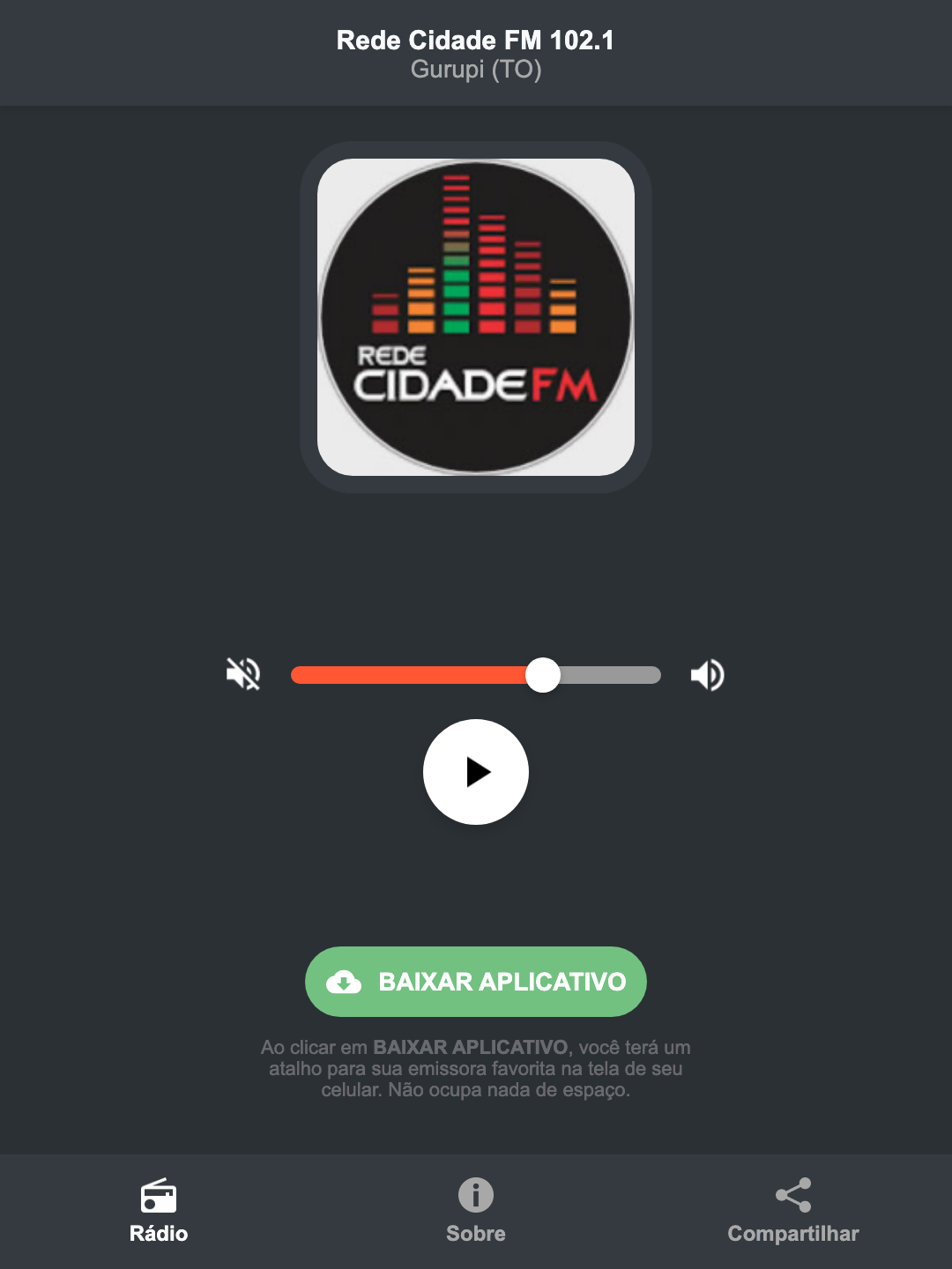 Screenshot do aplicativo da Rede Cidade FM 102.1