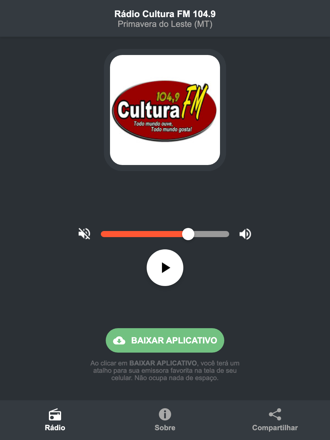 Screenshot do aplicativo da Rádio Cultura FM 104.9