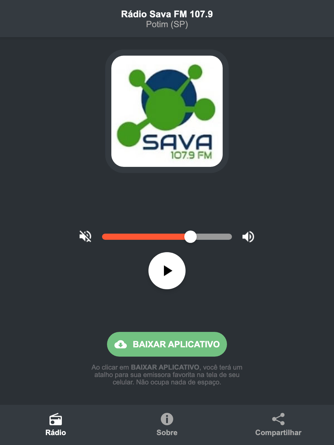 Screenshot do aplicativo da Rádio Sava FM 107.9