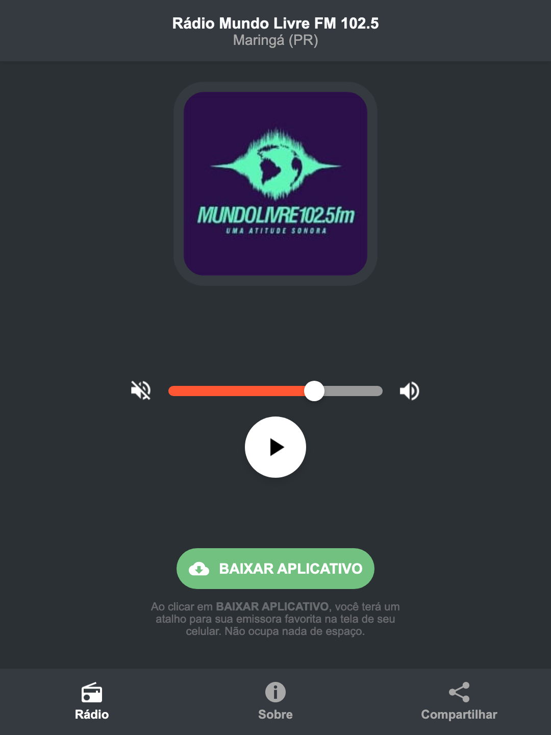 Screenshot do aplicativo da Rádio Mundo Livre FM 102.5