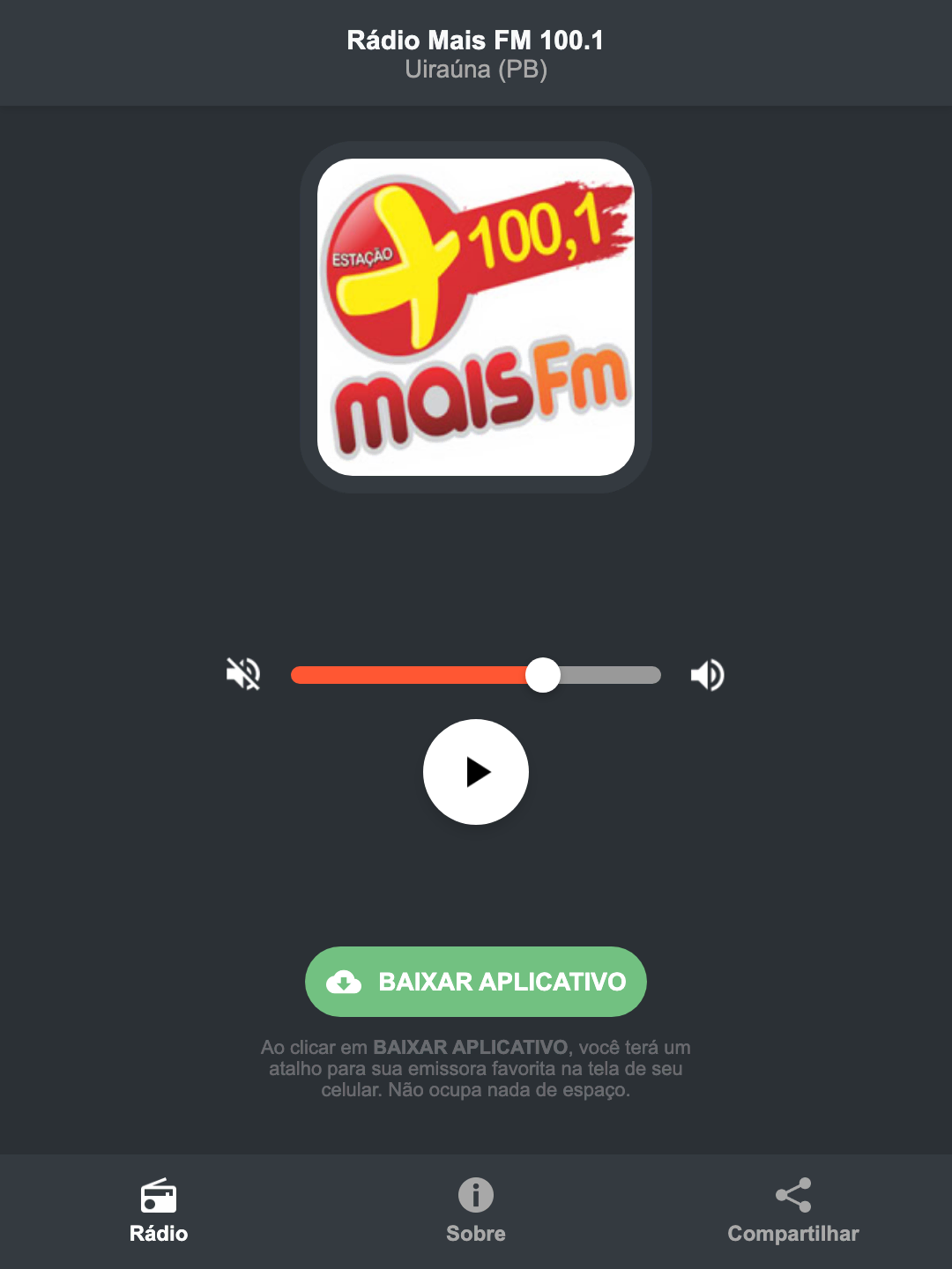 Screenshot do aplicativo da Rádio Mais FM 100.1