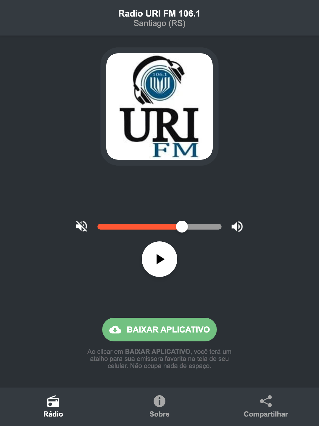 Screenshot do aplicativo da Radio URI FM 106.1