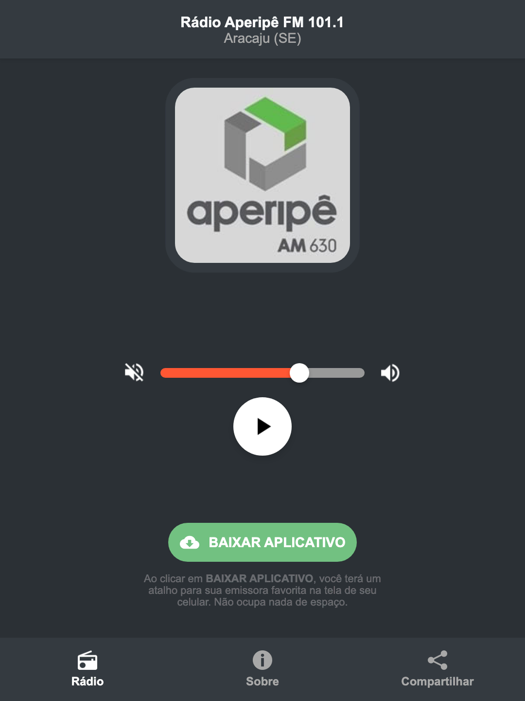 Screenshot do aplicativo da Rádio Aperipê FM 101.1