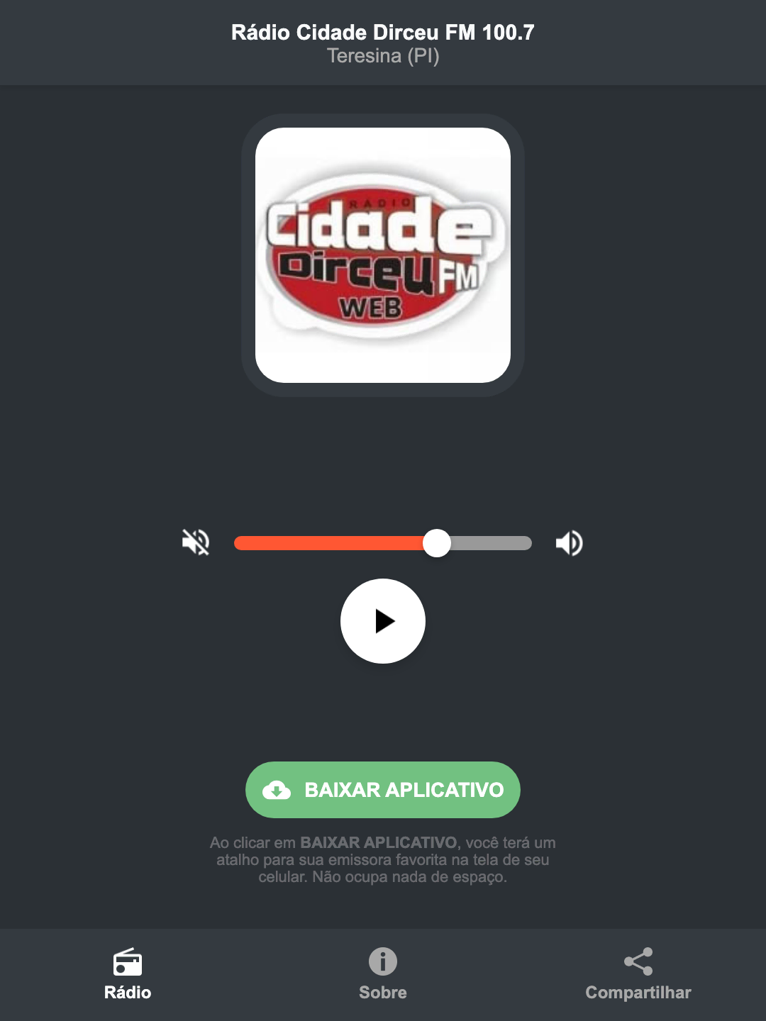 Screenshot do aplicativo da Rádio Cidade Dirceu FM 100.7