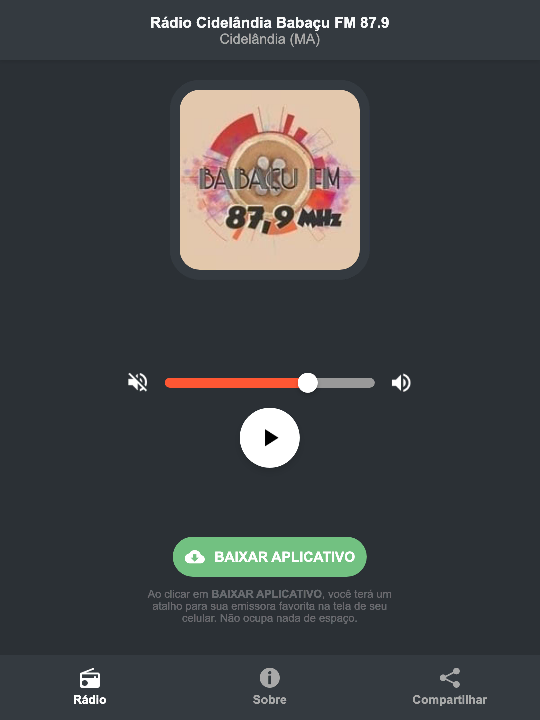 Screenshot do aplicativo da Rádio Cidelândia Babaçu FM 87.9