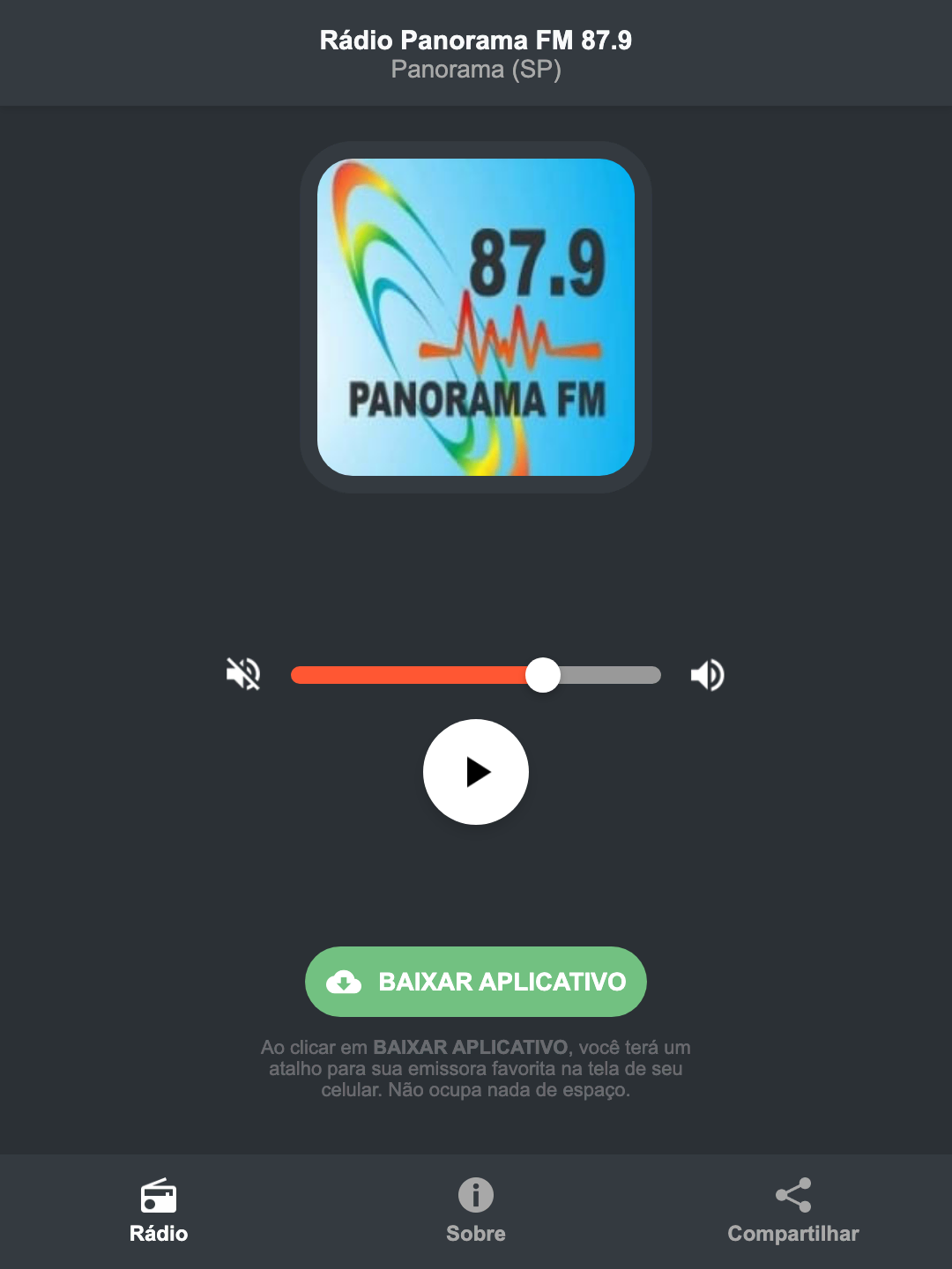 Screenshot do aplicativo da Rádio Panorama FM 87.9