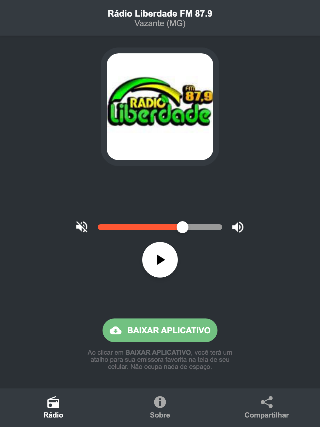 Screenshot do aplicativo da Rádio Liberdade FM 87.9