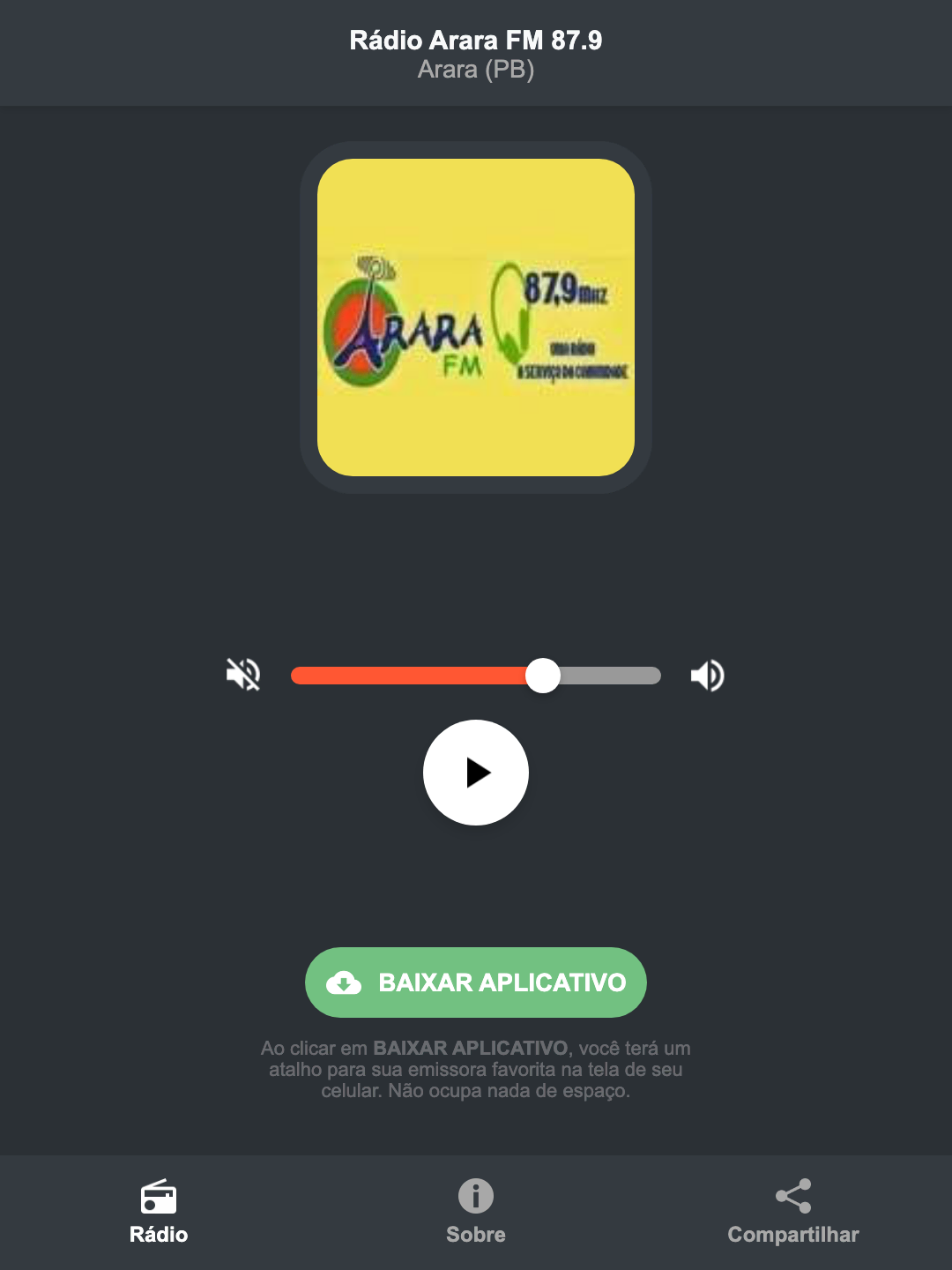 Screenshot do aplicativo da Rádio Arara FM 87.9
