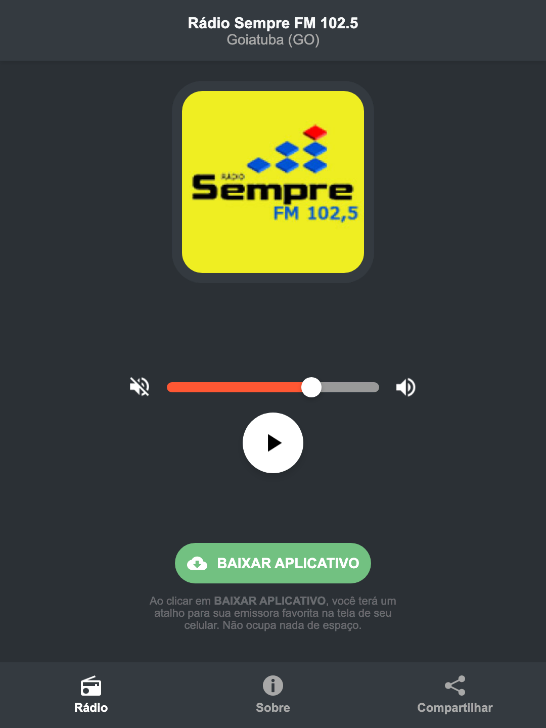 Screenshot do aplicativo da Rádio Sempre FM 102.5
