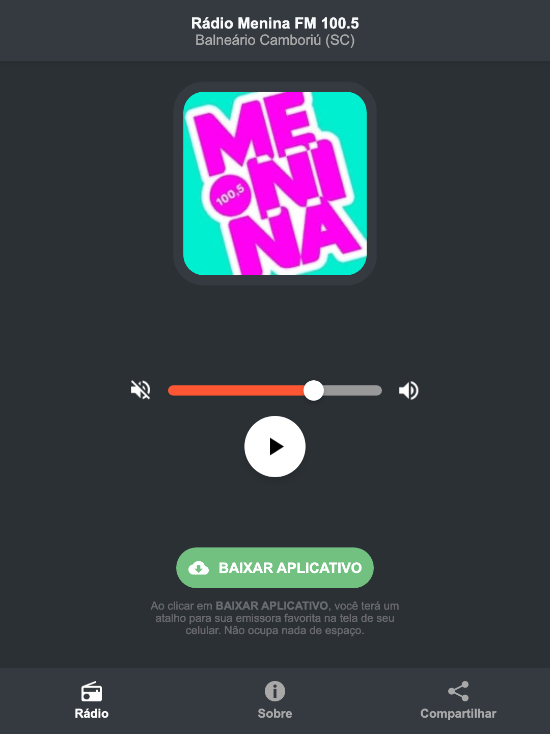 Screenshot do aplicativo da Rádio Menina FM 100.5