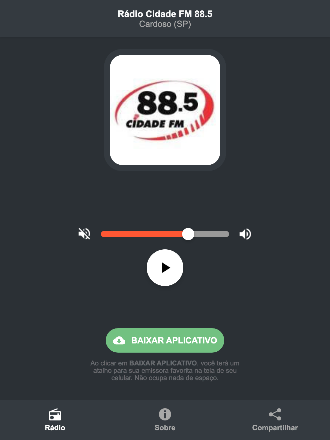 Screenshot do aplicativo da Rádio Cidade FM 88.5