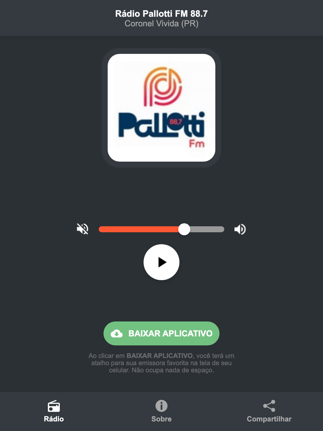 Screenshot do aplicativo da Rádio Pallotti FM 88.7