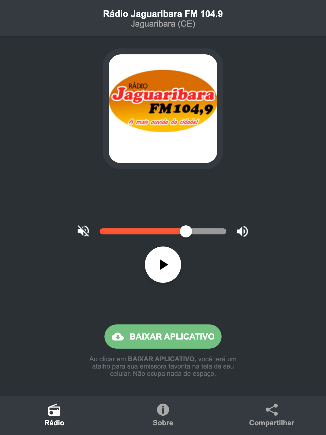 Screenshot do aplicativo da Rádio Jaguaribara FM 104.9