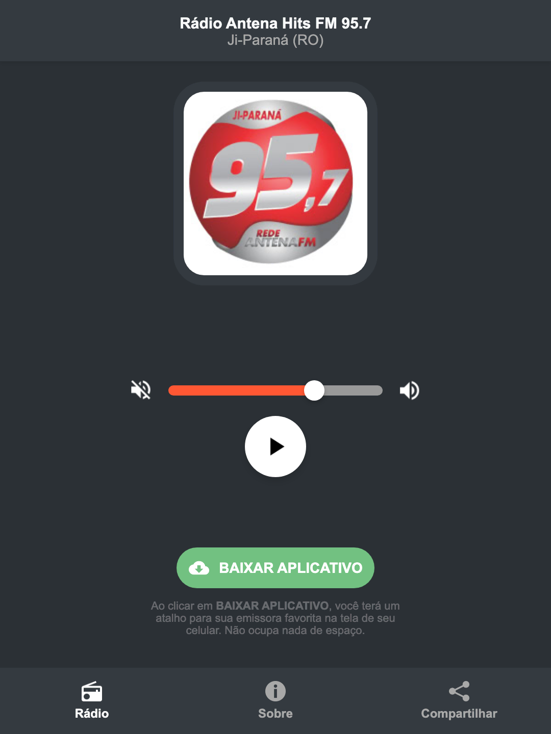Screenshot do aplicativo da Rádio Antena Hits FM 95.7