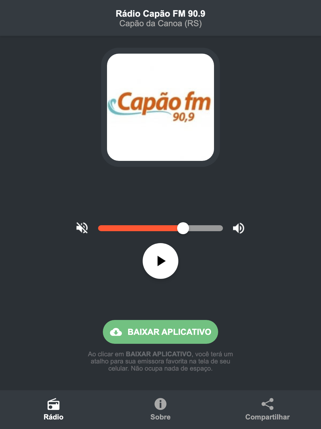 Screenshot do aplicativo da Rádio Capão FM 90.9