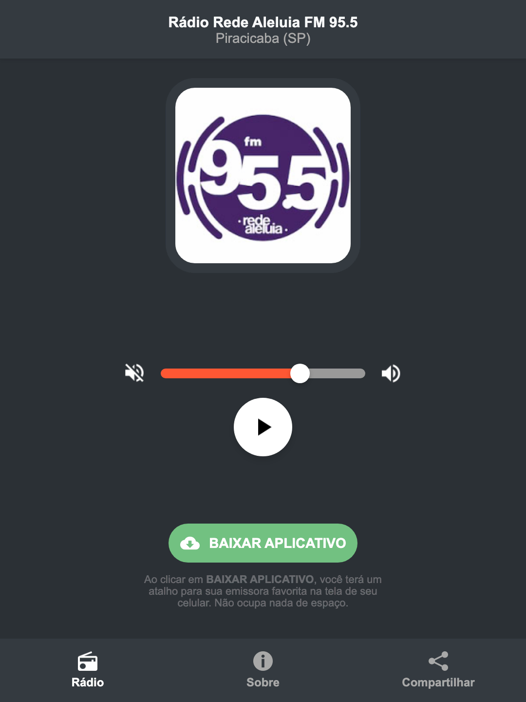 Screenshot do aplicativo da Rádio Rede Aleluia FM 95.5