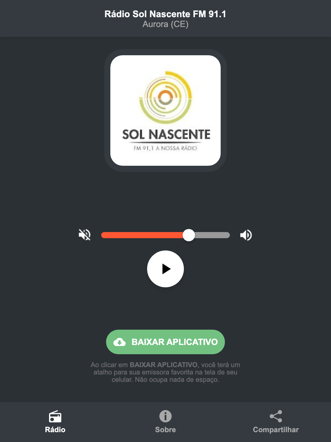 Screenshot do aplicativo da Rádio Sol Nascente FM 91.1