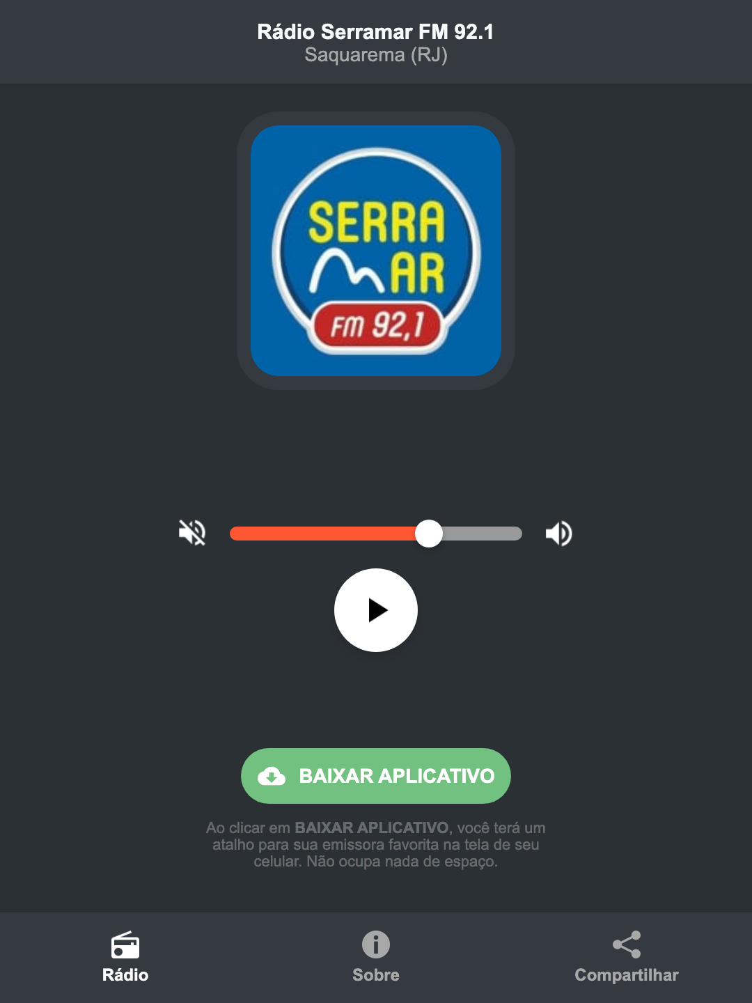 Screenshot do aplicativo da Rádio Serramar FM 92.1