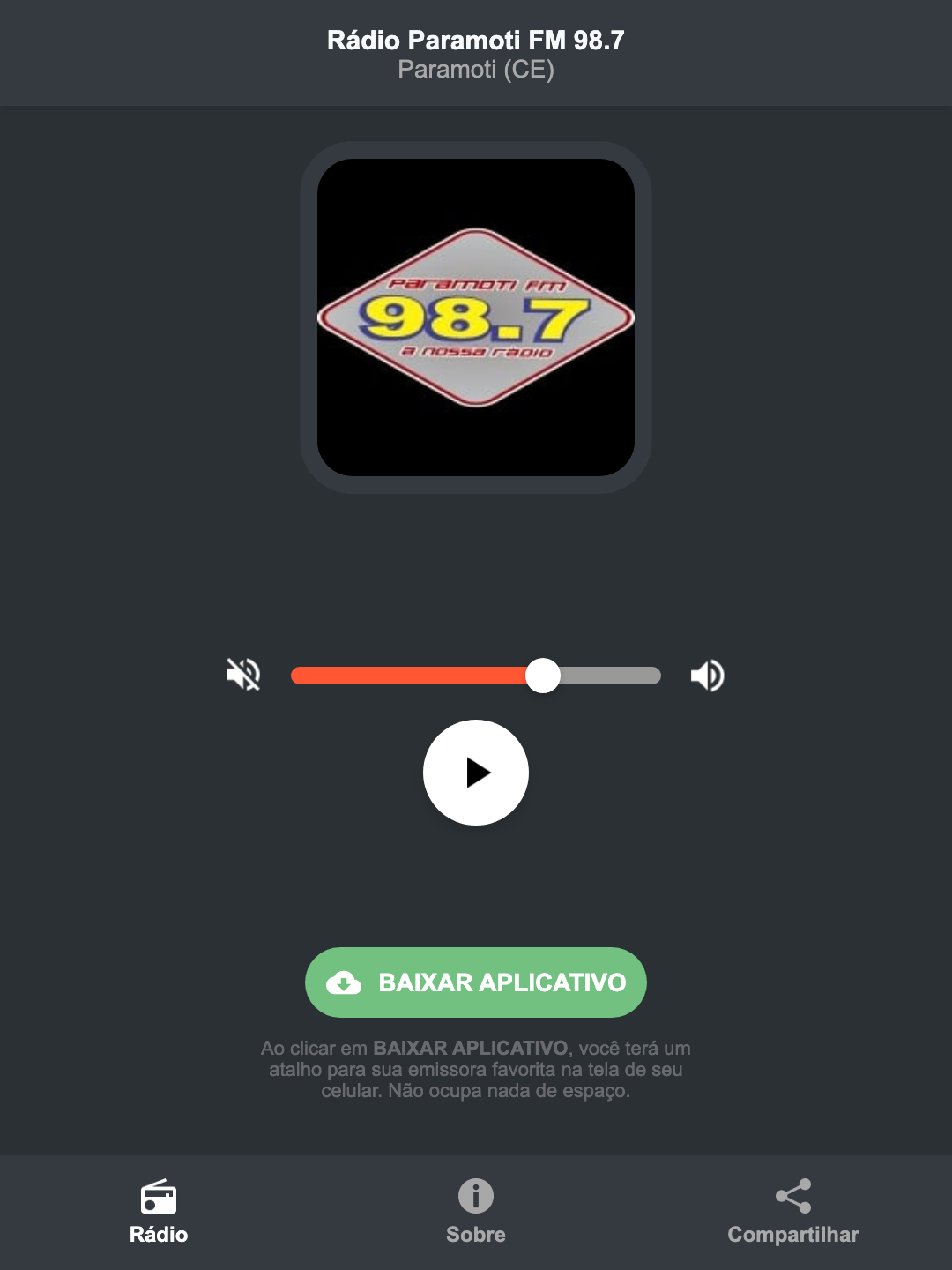 Screenshot do aplicativo da Rádio Paramoti FM 98.7