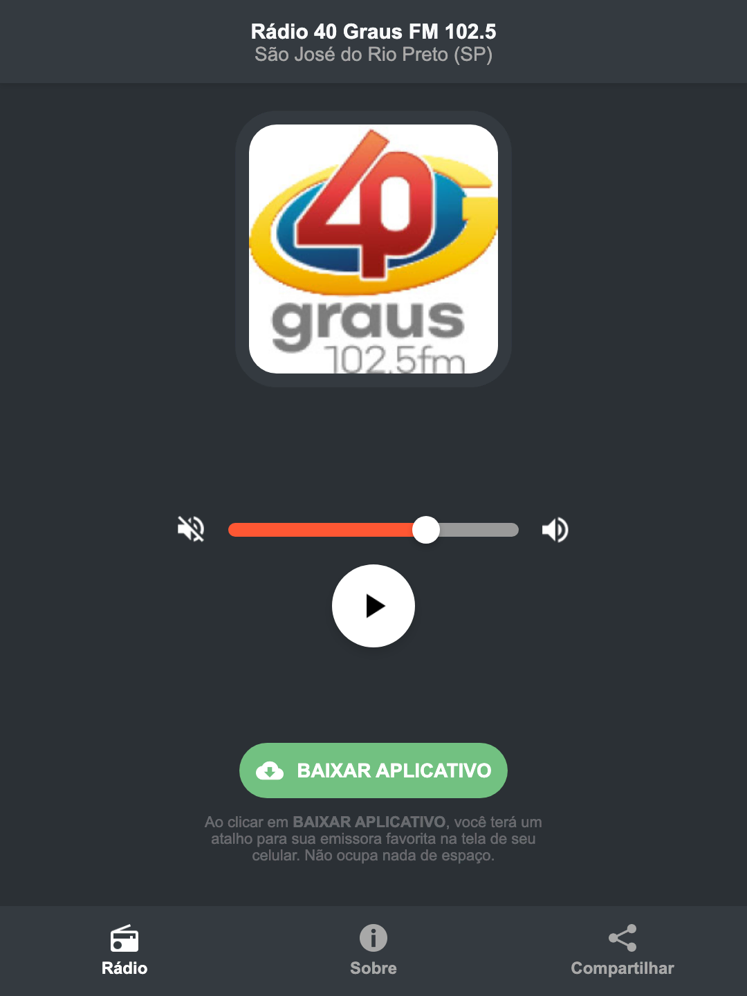 Screenshot do aplicativo da Rádio 40 Graus FM 102.5