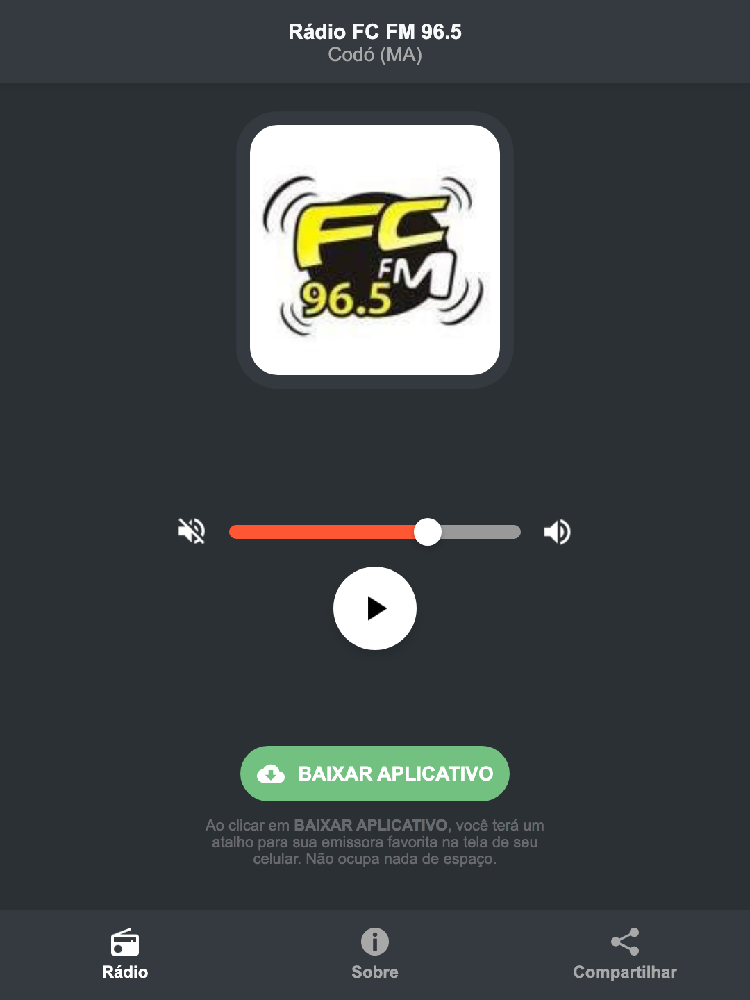 Screenshot do aplicativo da Rádio FC FM 96.5