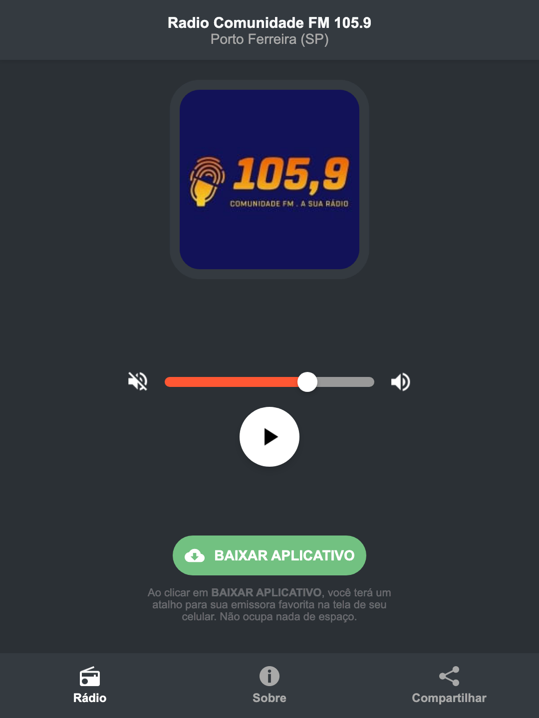 Screenshot do aplicativo da Radio Comunidade FM 105.9
