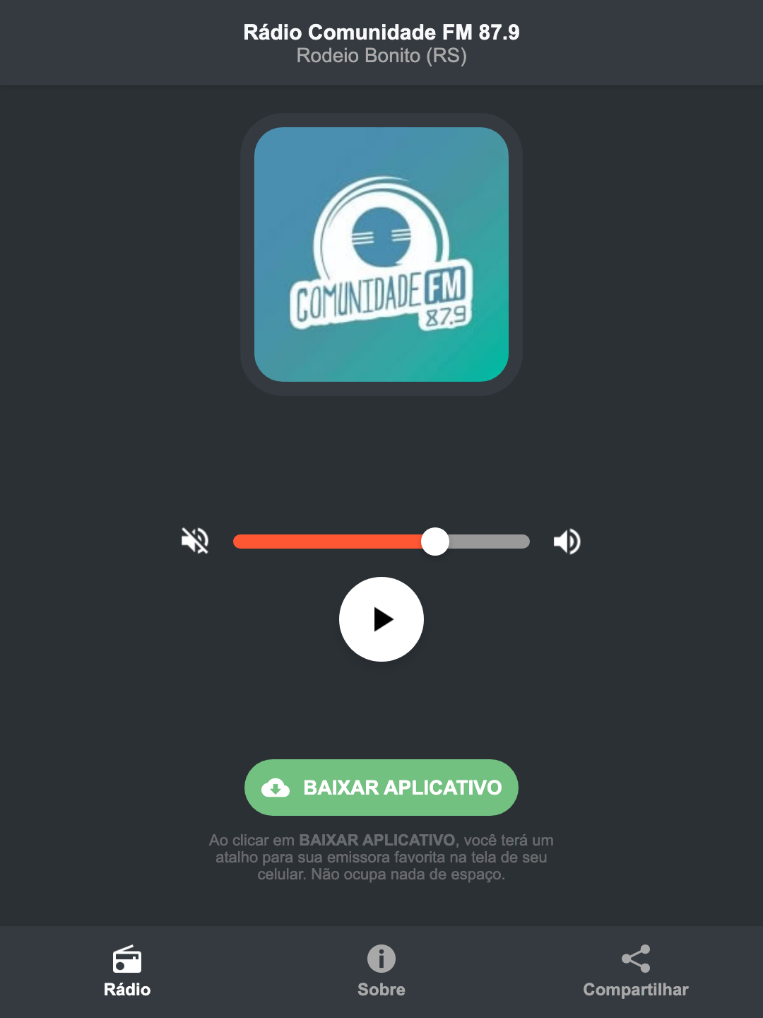 Screenshot do aplicativo da Rádio Comunidade FM 87.9