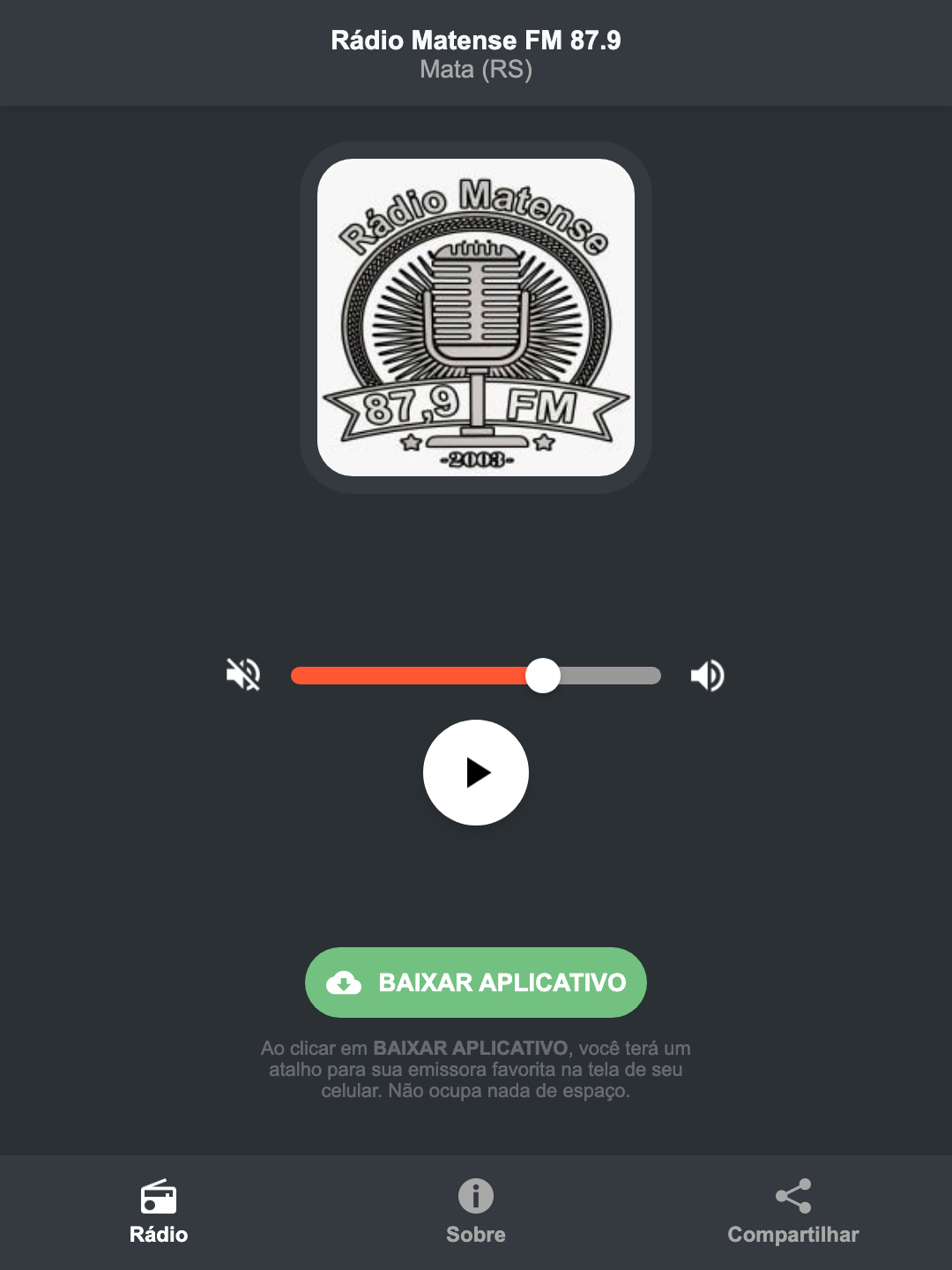Screenshot do aplicativo da Rádio Matense FM 87.9