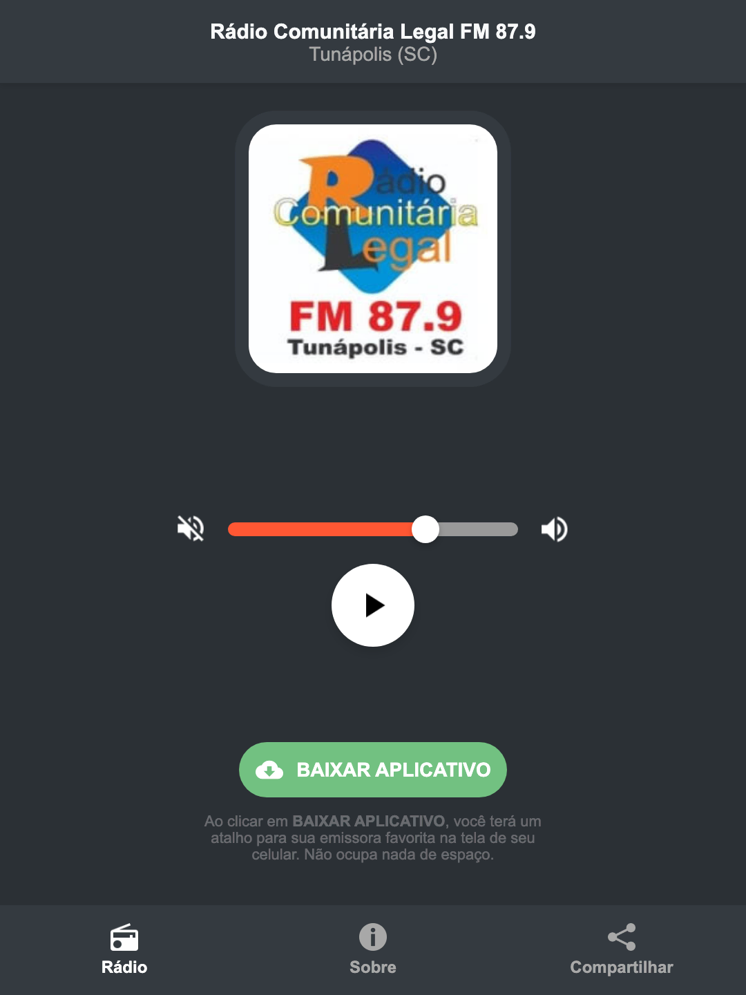 Screenshot do aplicativo da Rádio Comunitária Legal FM 87.9
