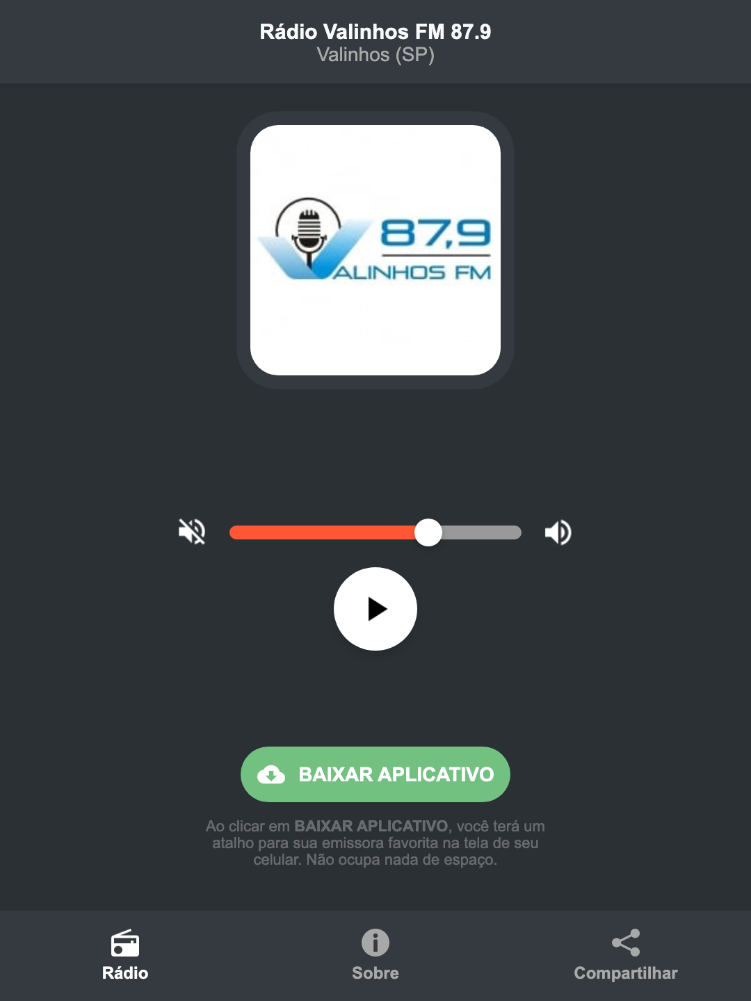 Screenshot do aplicativo da Rádio Valinhos FM 87.9