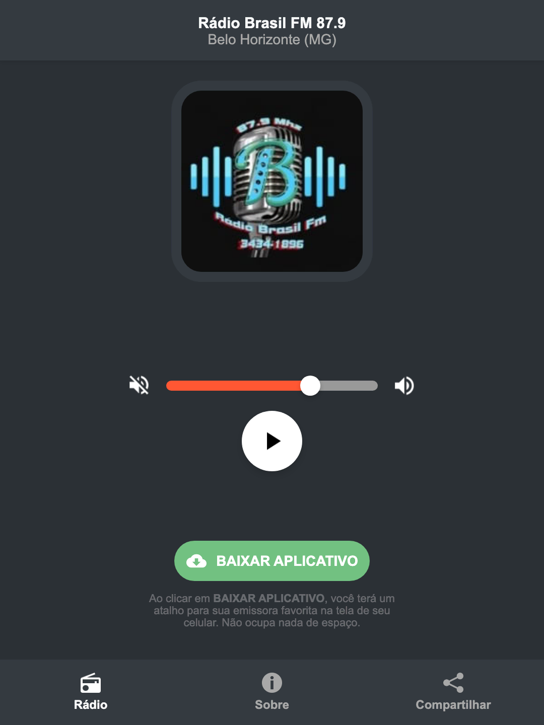 Screenshot do aplicativo da Rádio Brasil FM 87.9