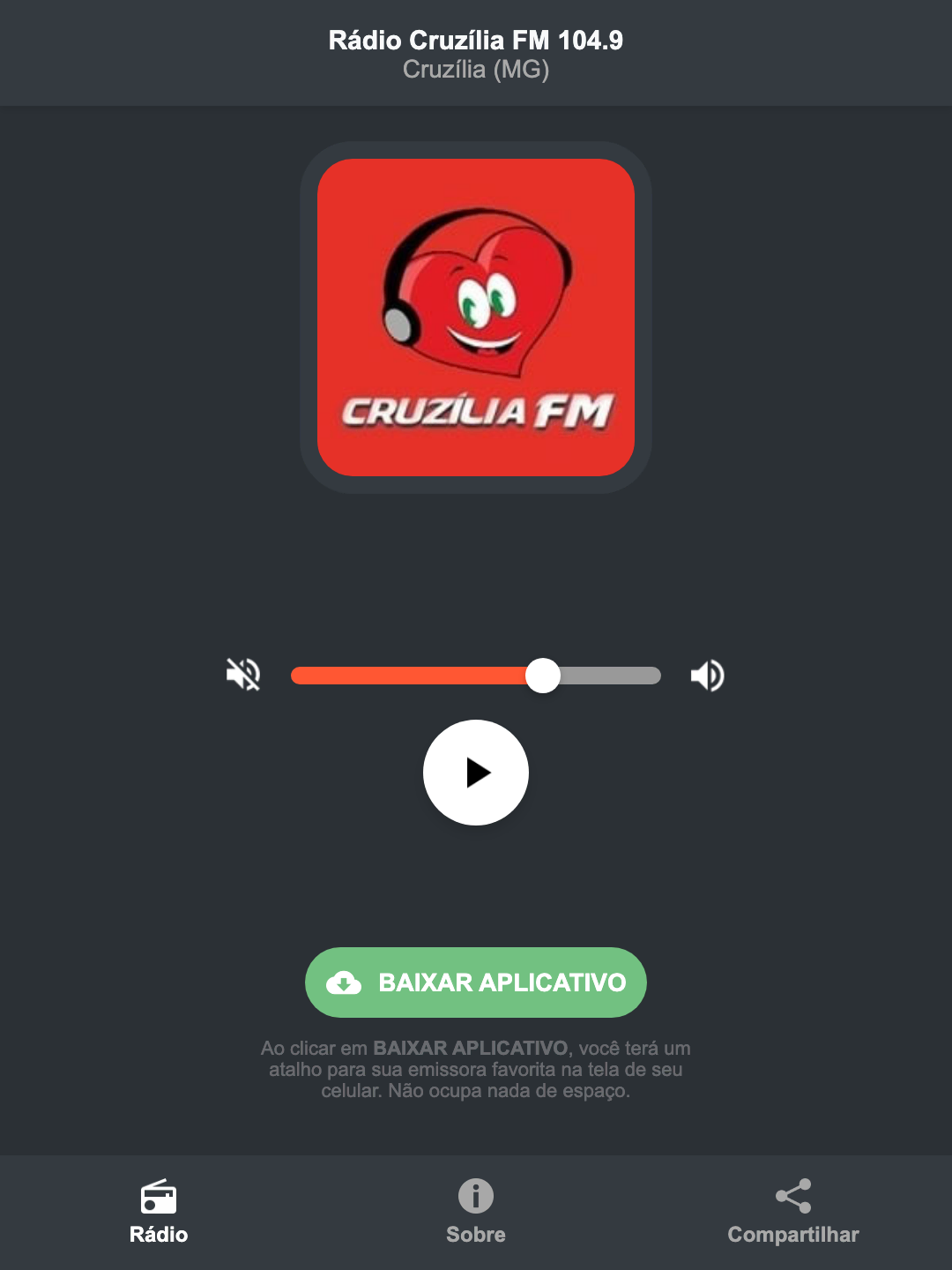 Screenshot do aplicativo da Rádio Cruzília FM 104.9