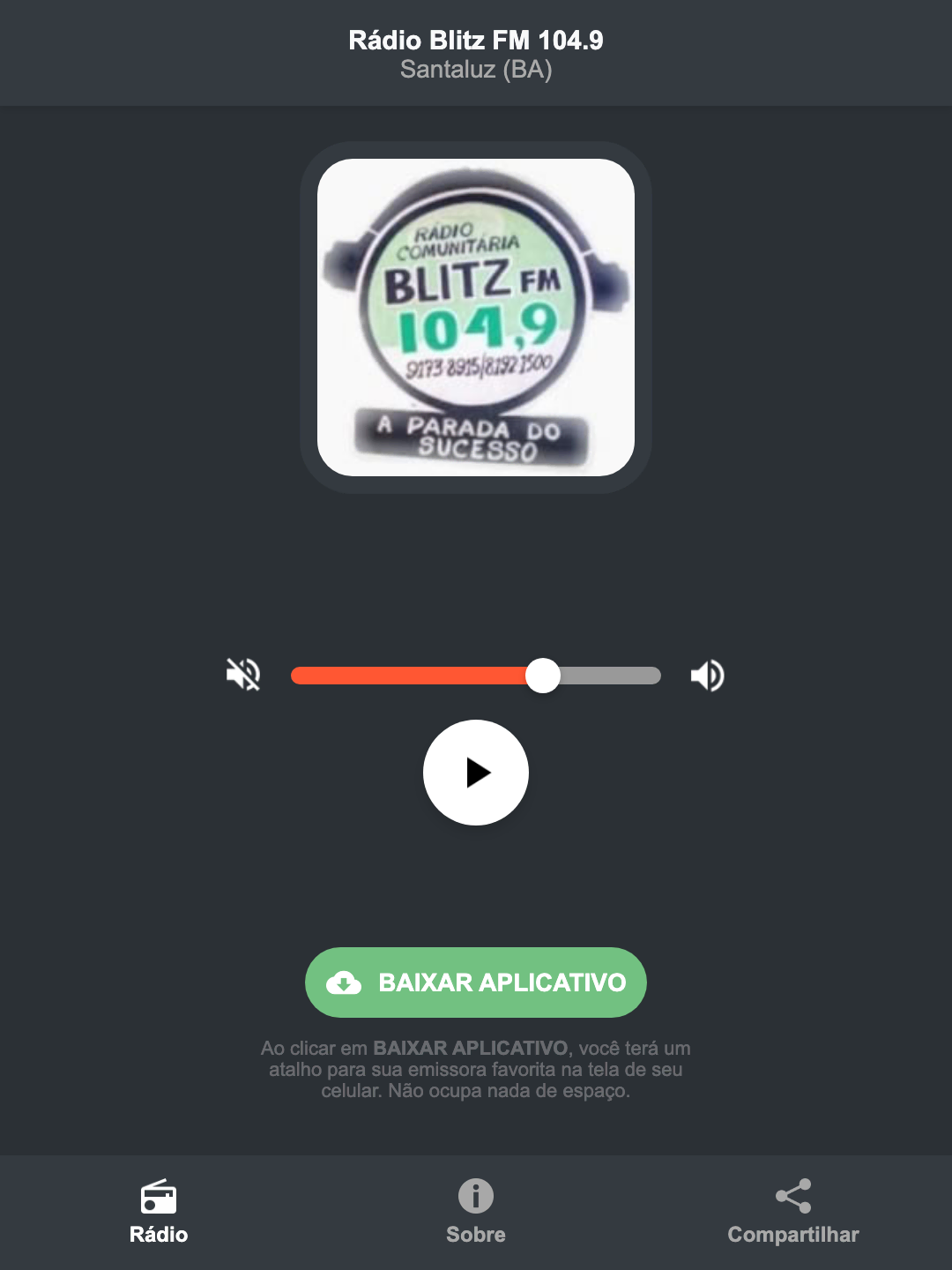 Screenshot do aplicativo da Rádio Blitz FM 104.9