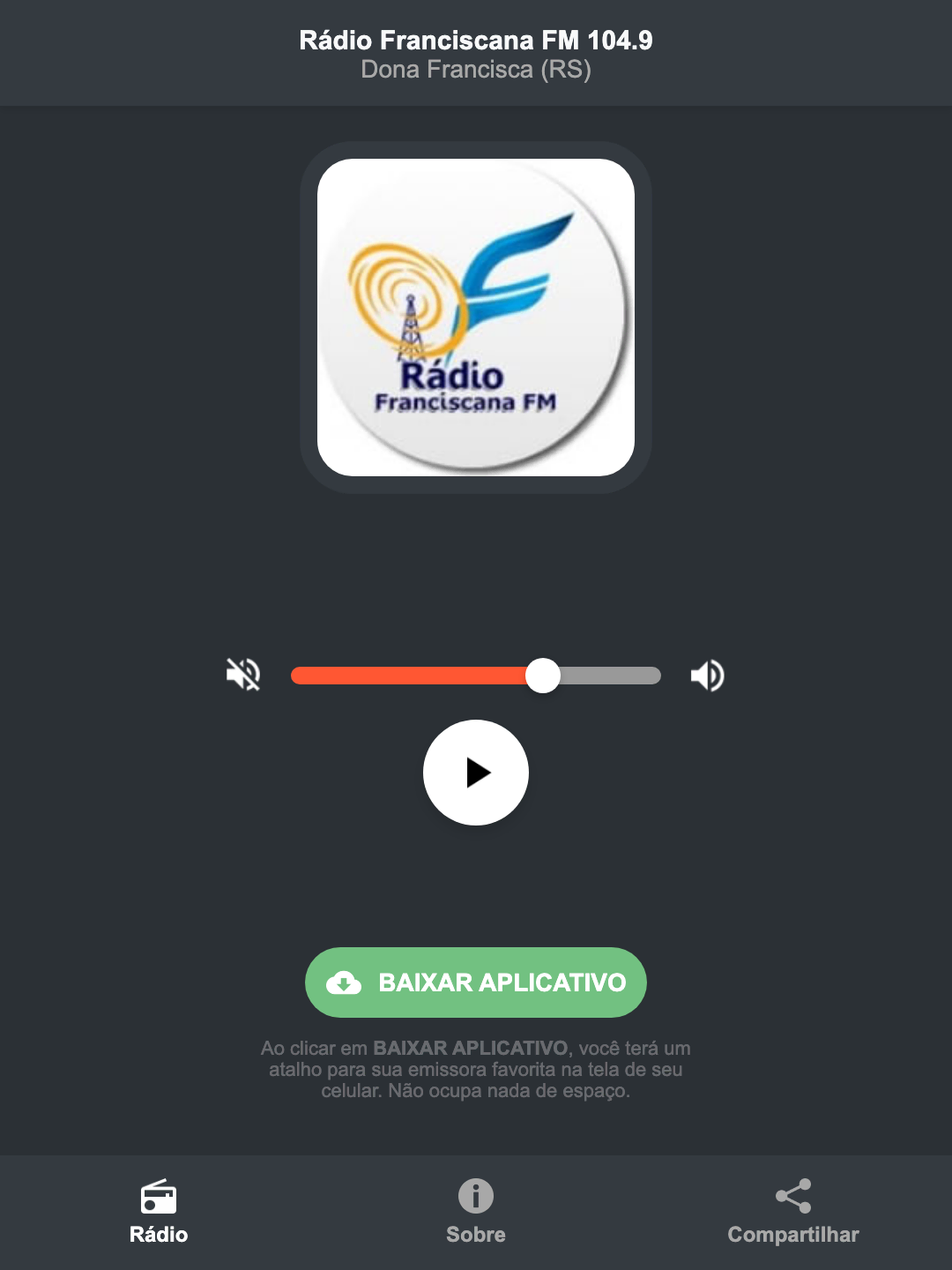 Screenshot do aplicativo da Rádio Franciscana FM 104.9