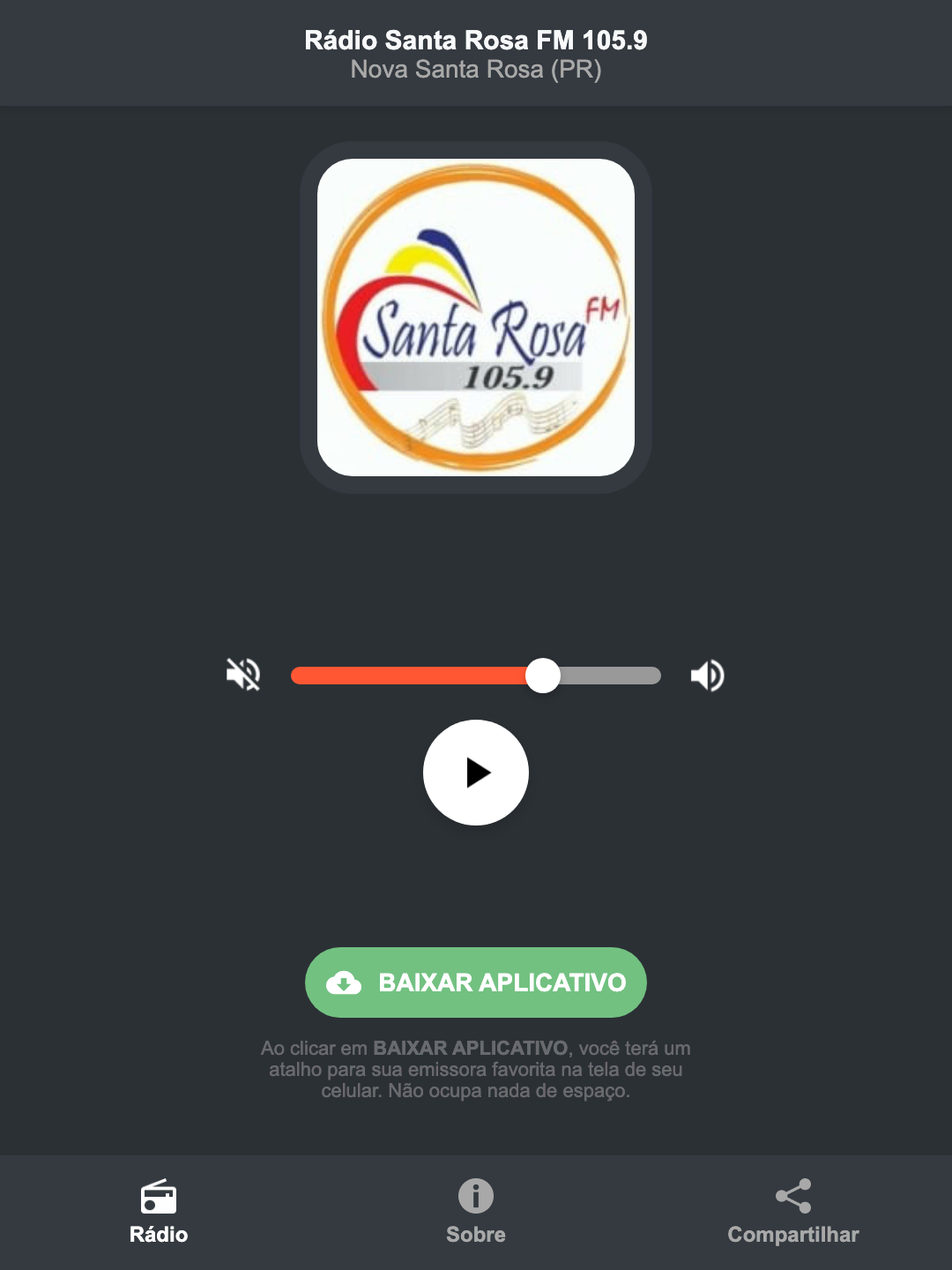 Screenshot do aplicativo da Rádio Santa Rosa FM 105.9