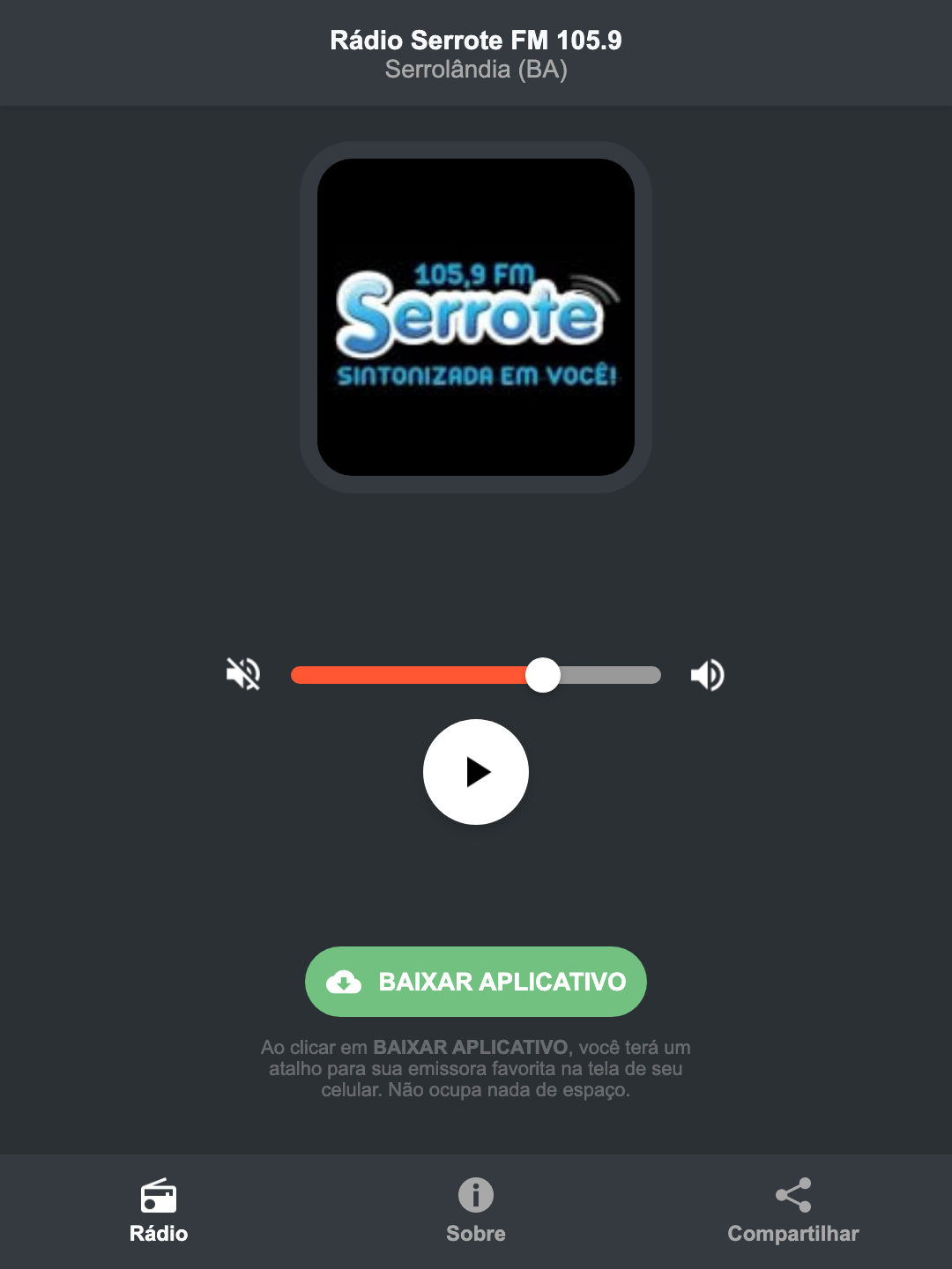 Screenshot do aplicativo da Rádio Serrote FM 105.9