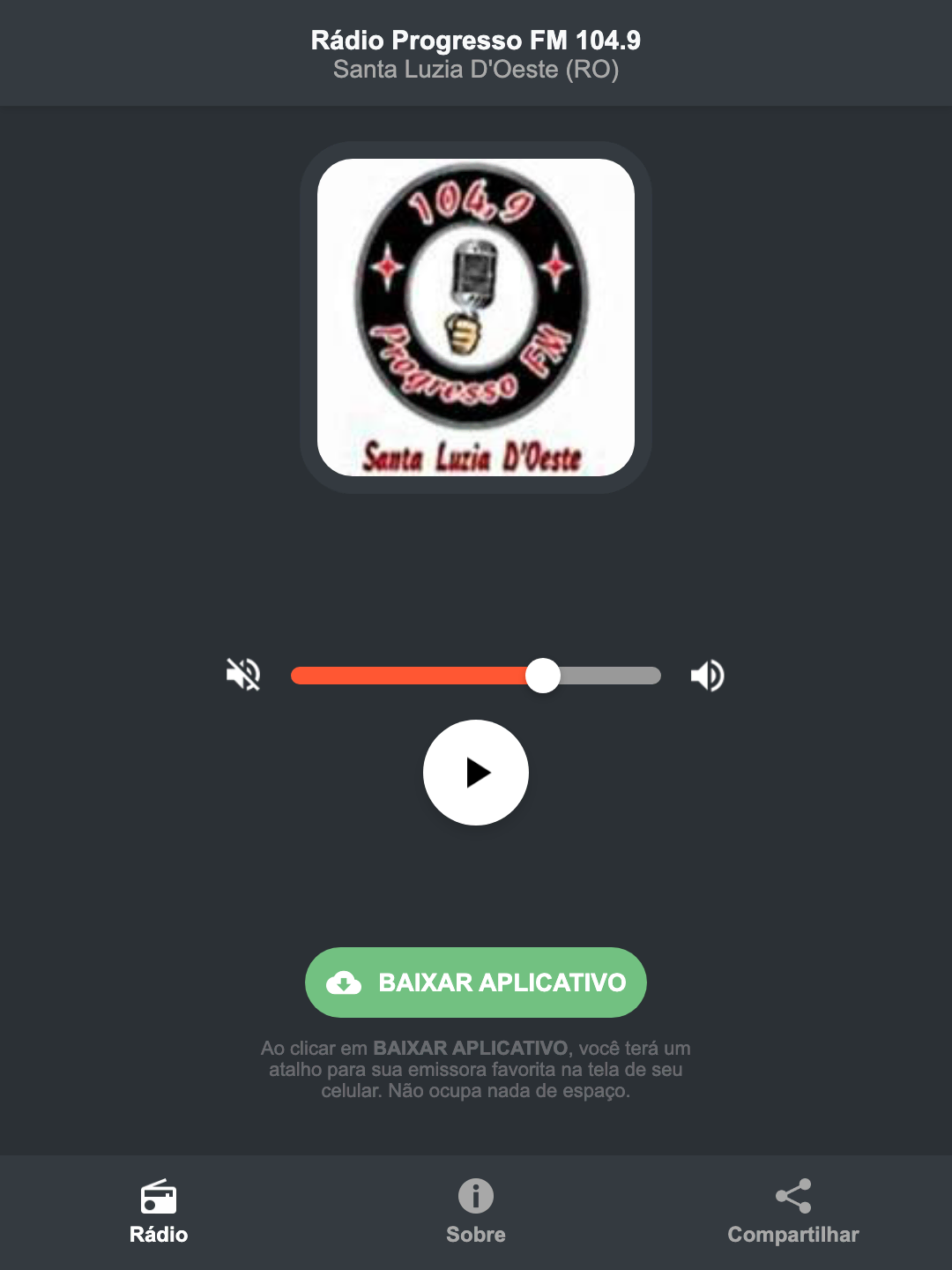 Screenshot do aplicativo da Rádio Progresso FM 104.9