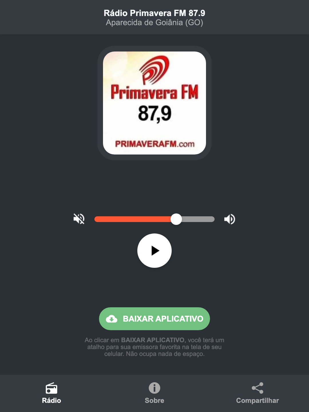 Screenshot do aplicativo da Rádio Primavera FM 87.9