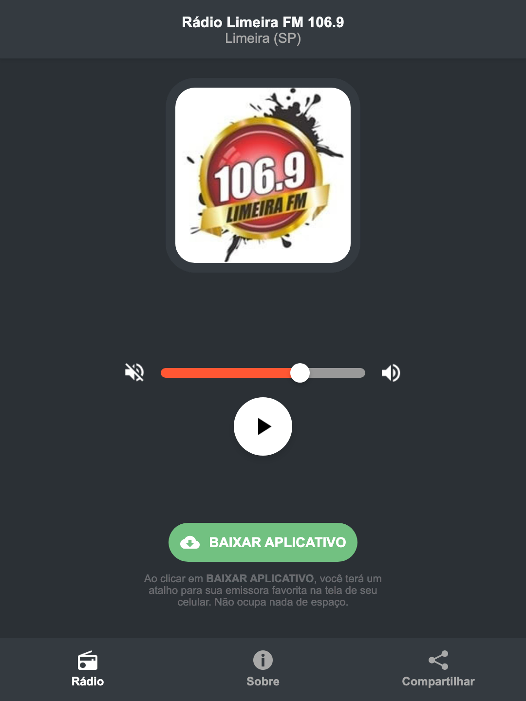Screenshot do aplicativo da Rádio Limeira FM 106.9