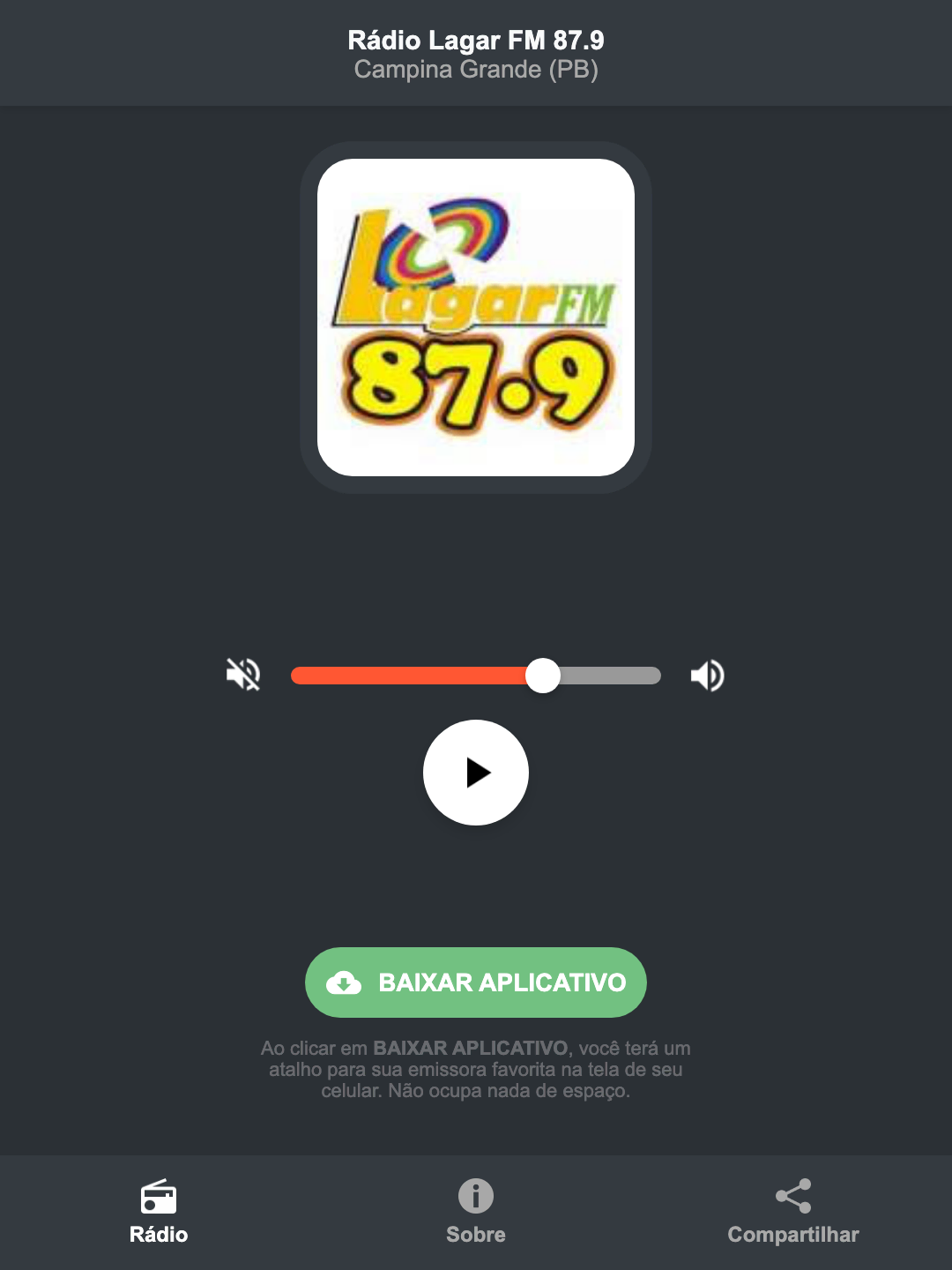 Screenshot do aplicativo da Rádio Lagar FM 87.9