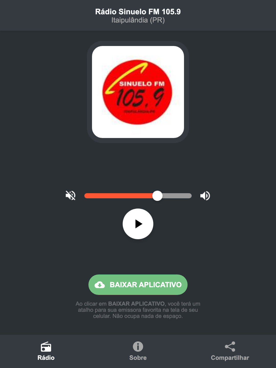 Screenshot do aplicativo da Rádio Sinuelo FM 105.9
