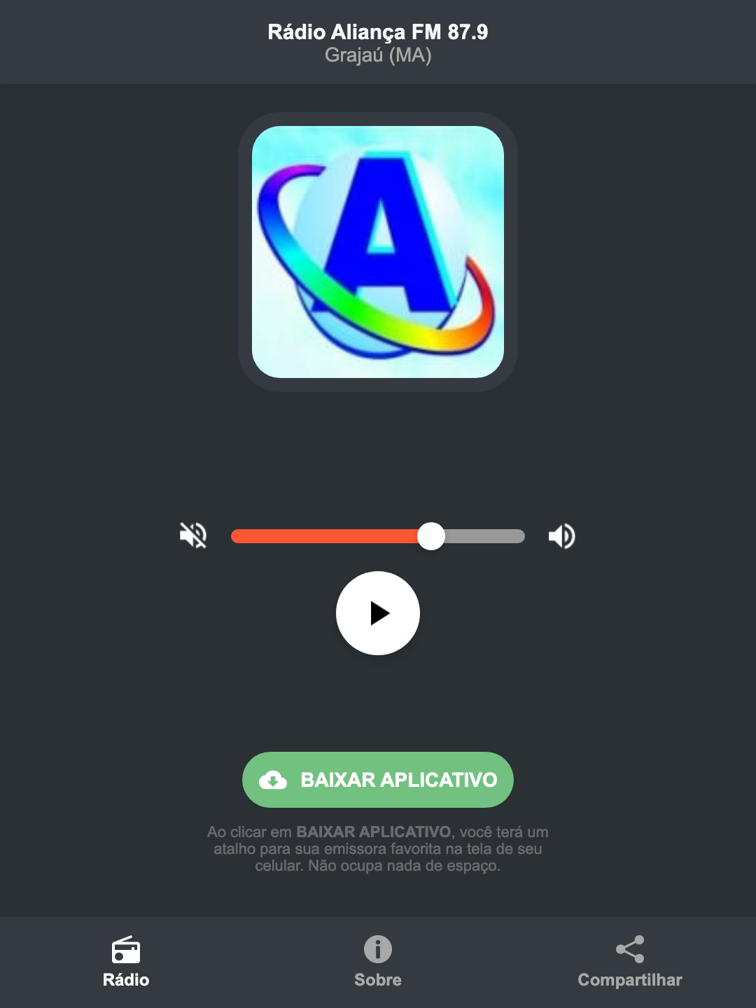 Screenshot do aplicativo da Rádio Aliança FM 87.9