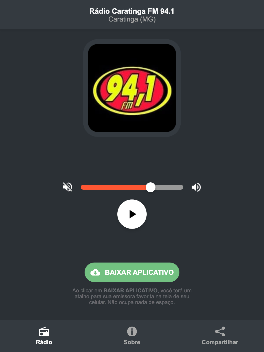 Screenshot do aplicativo da Rádio Caratinga FM 94.1