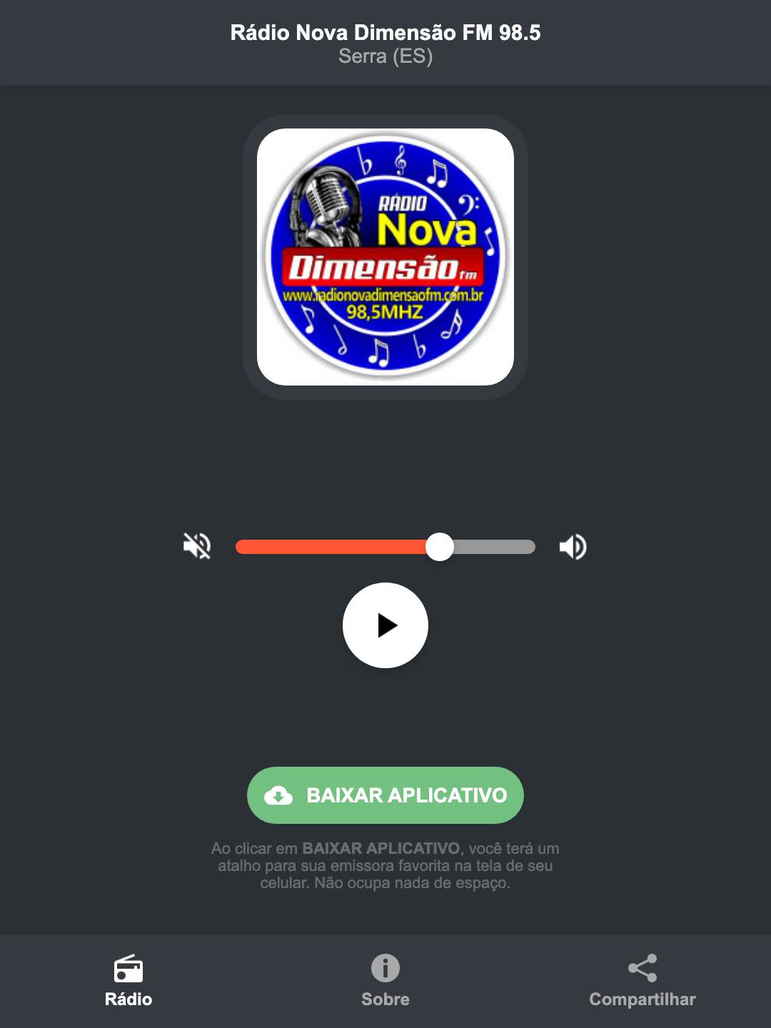 Screenshot do aplicativo da Rádio Nova Dimensão FM 98.5
