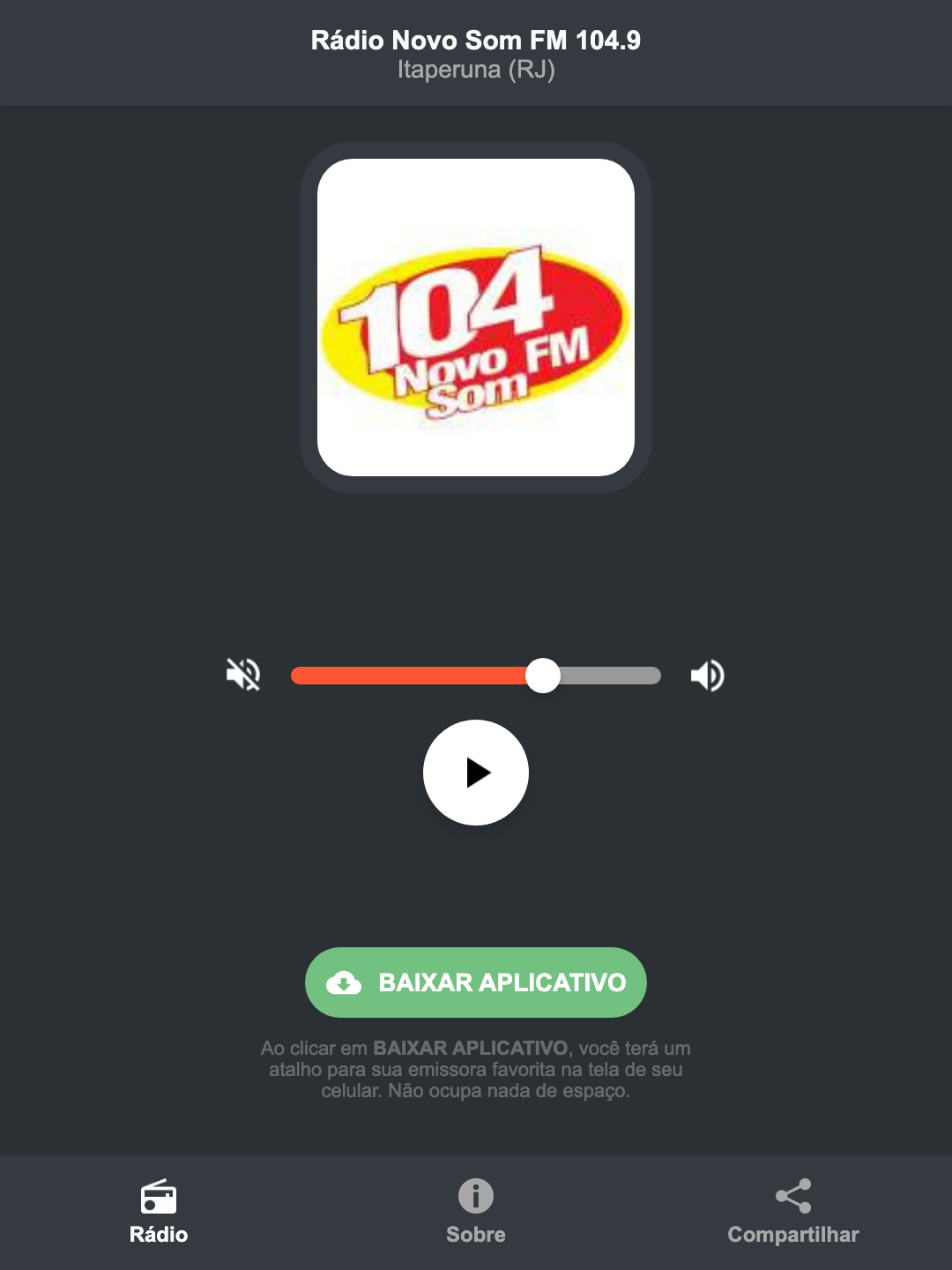 Screenshot do aplicativo da Rádio Novo Som FM 104.9